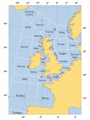 UK shipping forecast zones - Copyright © Marine Scotland A map depicting the UK shipping forecast zones