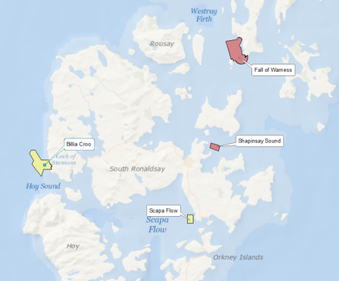 EMEC map - Copyright © Marine Scotland Map of the European Marine Energy Centre (EMEC) sites around Orkney